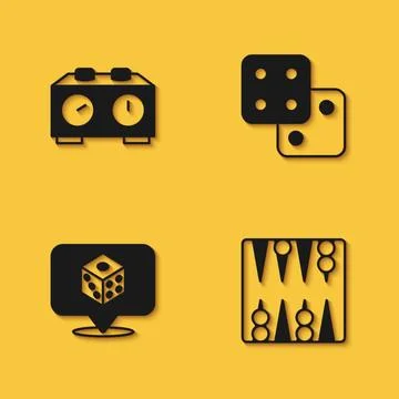 Set Time chess clock, Backgammon board, Game dice and icon with long shadow Stock Illustration