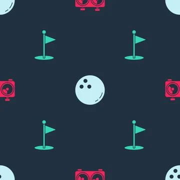 Set Time chess clock, Bowling ball and Golf flag on seamless pattern. Vector Illustrazione stock