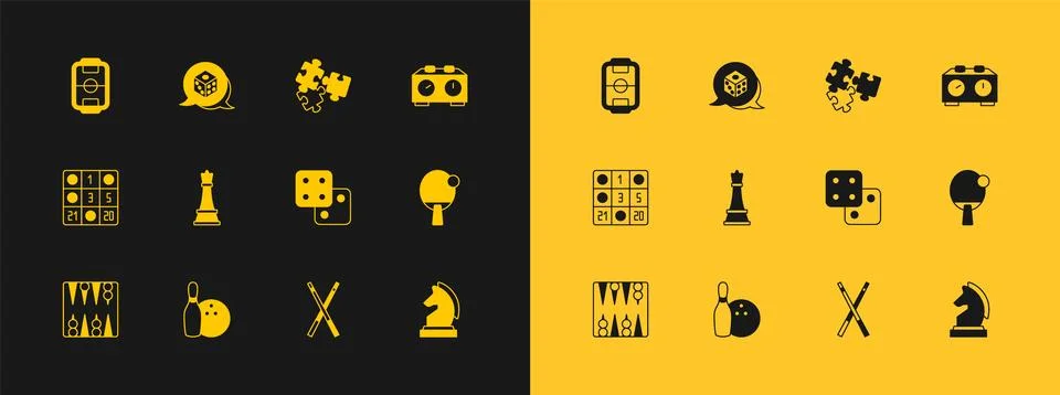 Set Time chess clock, Bowling pin and ball, Game dice, Crossed billiard cue.. Ilustração Stock