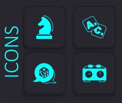 Set Time chess clock, Chess, Bingo and Game dice icon. Black square button Illustrazione stock