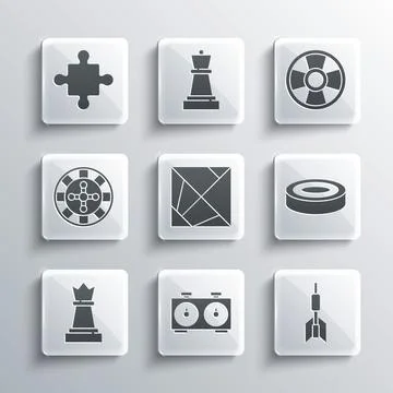 Set Time chess clock, Dart arrow, Checker game chips, Rubik cube, Chess, Casino Stock Illustration
