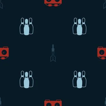 Set Time chess clock, Dart arrow and Bowling pin on seamless pattern. Vector Stock Illustration