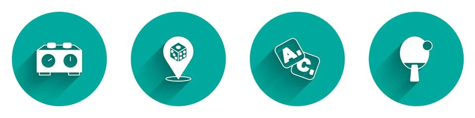 Set Time chess clock, Game dice, Bingo and Racket icon with long shadow. Vector Ilustración de archivo