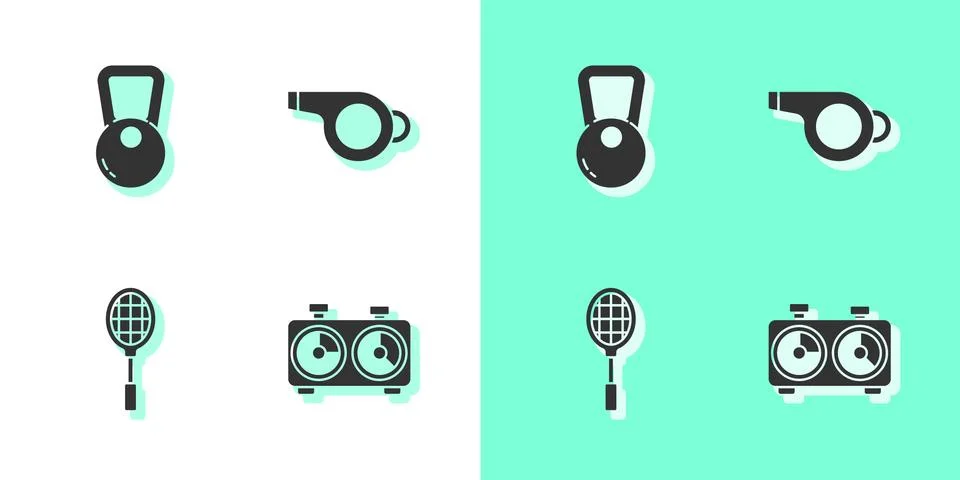 Set Time chess clock, Kettlebell, Tennis racket and Whistle icon. Vector Stock Illustration
