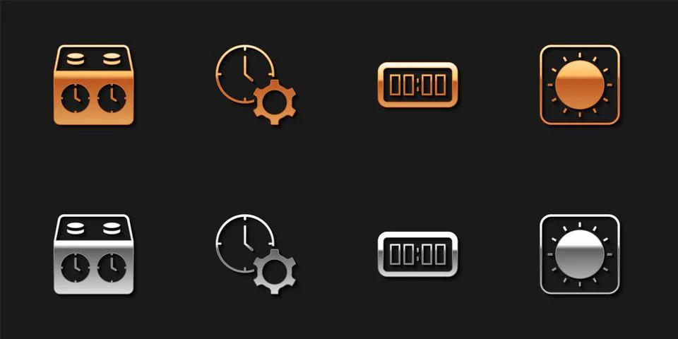 Set Time chess clock, management, Digital alarm and Sun icon. Vector Stock Illustration