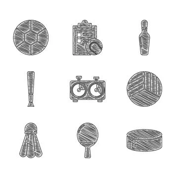Set Time chess clock, Racket for playing table tennis, Hockey puck, Volleyball Stock Illustration
