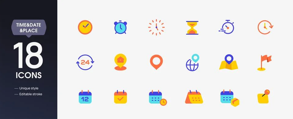 Set of time, date and location icons. Colorful signs with clock, alarm, timer 스톡 일러스트