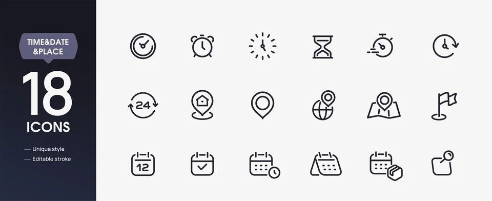 Set of time, date and location line icons. Simple symbols with clock, alarm Stock Illustration
