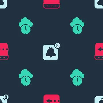Set Time flies on the clock, Alarm app mobile and Clock on seamless pattern Stock Illustration
