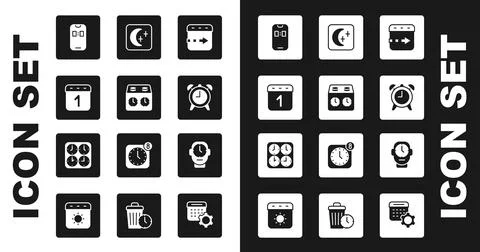 Set Time flies on the clock, chess, Calendar, Alarm app mobile, Moon and stars Stock Illustration
