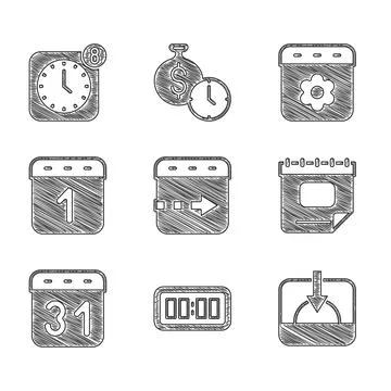 Set Time flies on the clock, Digital alarm, Sunset, Calendar, spring and Alarm Illustrazione stock