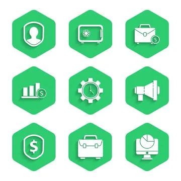 Set Time Management, Briefcase, Computer monitor with graph chart, Megaphone 스톡 일러스트