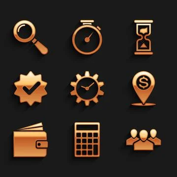 Set Time Management, Calculator, Users group, Cash location pin, Wallet and.. Stock Illustration