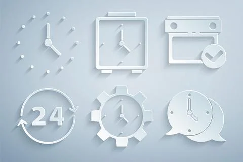 Set Time Management, Calendar with check mark, Clock 24 hours, speech bubbl.. Stock Illustration