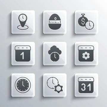 Set Time management, Calendar, spring, Clock, zone clocks and is money icon Illustrazione stock