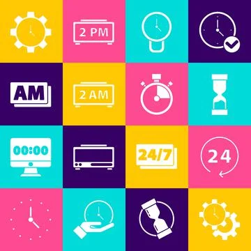 Set Time Management, Clock 24 hours, Old hourglass, Digital alarm clock, AM, and Illustrazione stock