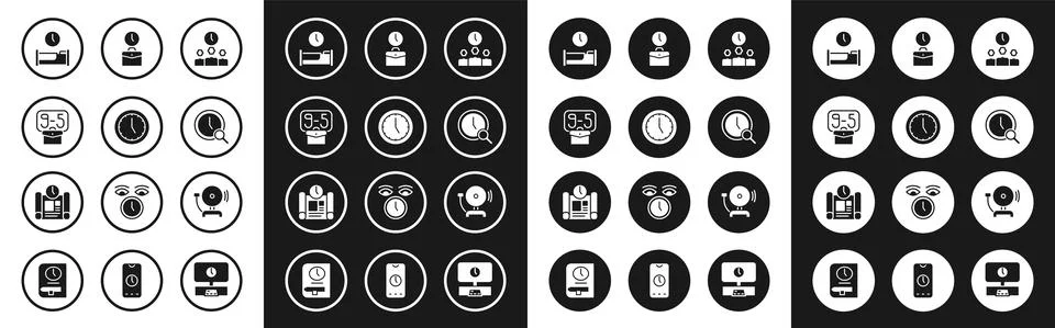 Set Time Management, Clock, From 9, to sleep, Magnifying glass with clock, Work Stock Illustration