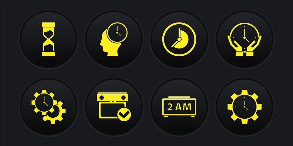 Set Time Management, Clock, Calendar with check mark, Digital alarm clock, and Illustrazione stock