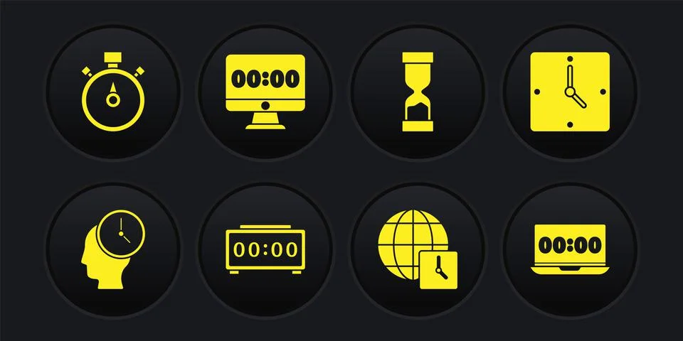 Set Time Management, Clock, Digital alarm clock, World time, Old hourglass, on Illustrazione stock