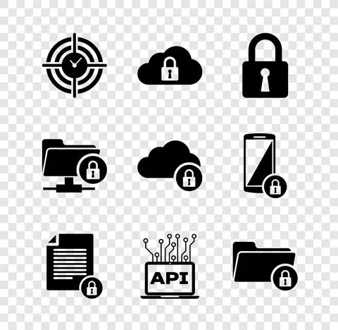 Set Time Management, Cloud computing lock, Lock, Document and, Computer api Stock Illustration