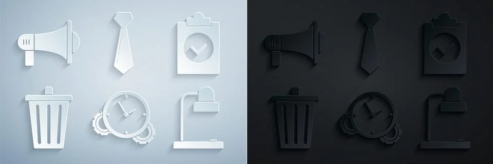 Set Time Management, Completed task, Trash can, Table lamp, Tie and Megaphone 스톡 일러스트
