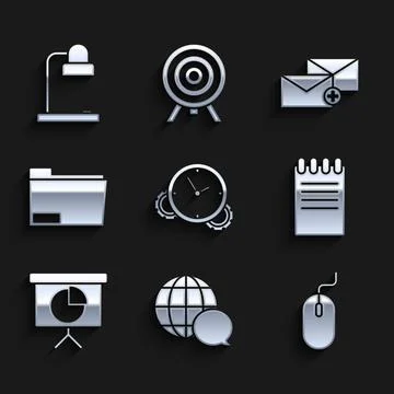 Set Time Management, Computer mouse, Notebook, Presentation financial board with Stock Illustration