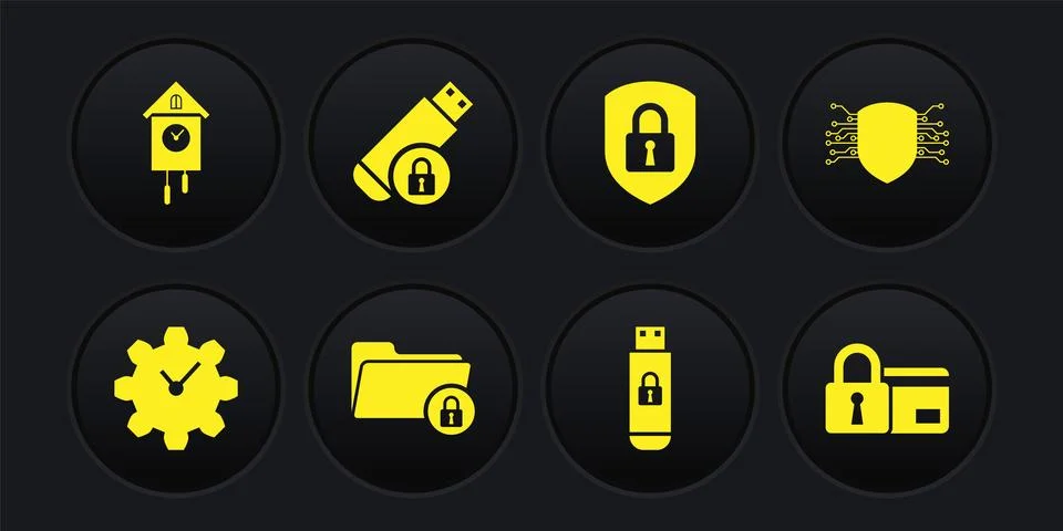 Set Time Management, Cyber security, Folder and lock, USB flash drive with Stock Illustration