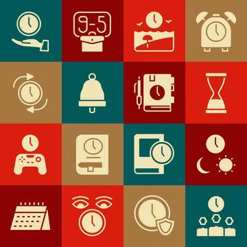 Set Time Management, Day and night with time, Old hourglass sand, Vacation Stock Illustration
