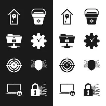 Set Time Management, FTP folder and lock, Retro wall watch, Cooler bag, and Illustrazione stock