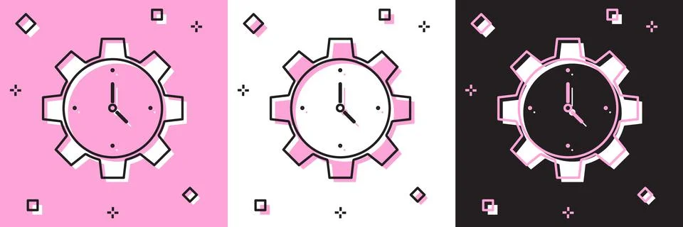 Set Time Management icon isolated on pink and white, black background. Clock  Stock-Illustration