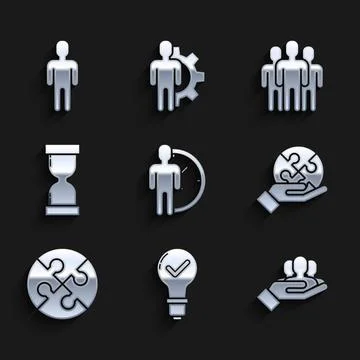 Set Time Management, Light bulb and check mark, Project team base, Piece of Illustrazione stock