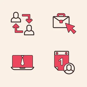 Set Time management, Project team base, Online working and Video chat conference Illustrazione stock