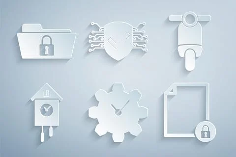 Set Time Management, Scooter, Retro wall watch, Document and lock, Cyber se.. Stock Illustration