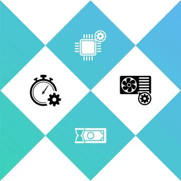 Set Time management setting, Fast payments, Processor and Air conditioner icon Stock Illustration