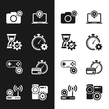 Set Time management setting, Hourglass, Photo camera, Laptop, Gamepad and Fast 스톡 일러스트