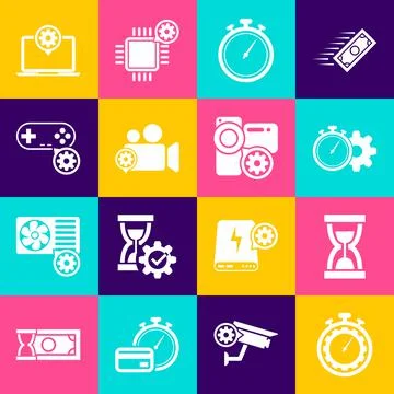 Set Time management setting, Old hourglass with sand, , Stopwatch, Video came Stock Illustration