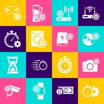Set Time management setting, Photo camera, CD or DVD disk, Router and wi-fi Stock Illustration