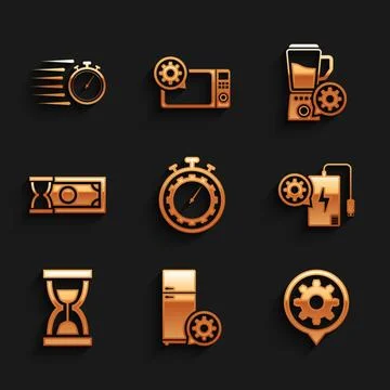 Set Time management setting, Refrigerator, Setting, Power bank, Old hourgla.. Stock Illustration