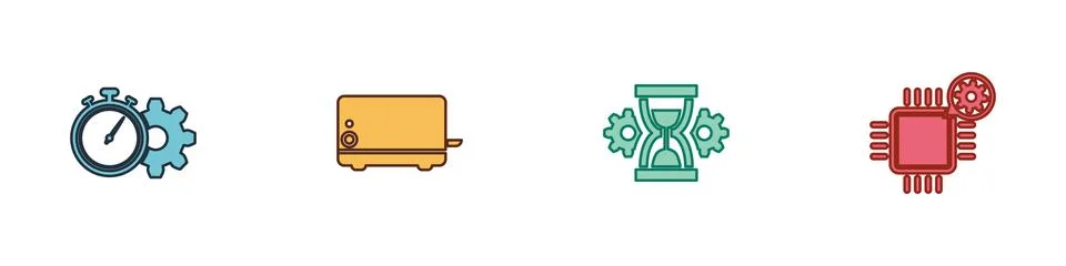 Set Time management setting, Toaster, Hourglass and Processor icon. Vector 스톡 일러스트