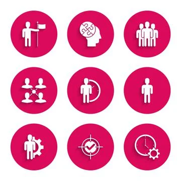 Set Time Management, Target and check mark, User of man in business suit, Human Illustrazione stock