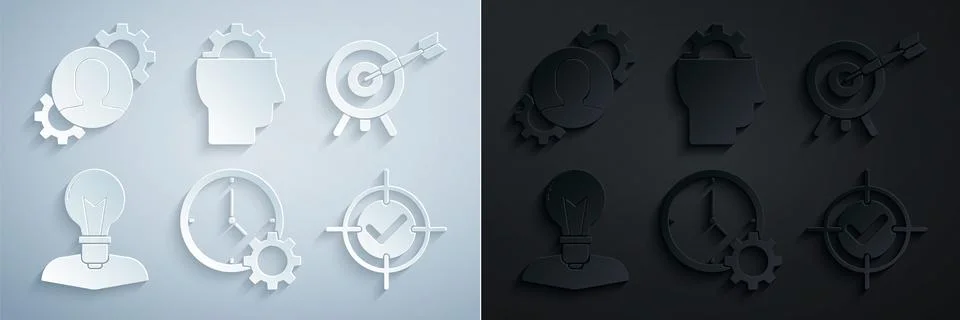 Set Time Management, Target with arrow, Human head lamp bulb, and check mark Illustrazione stock