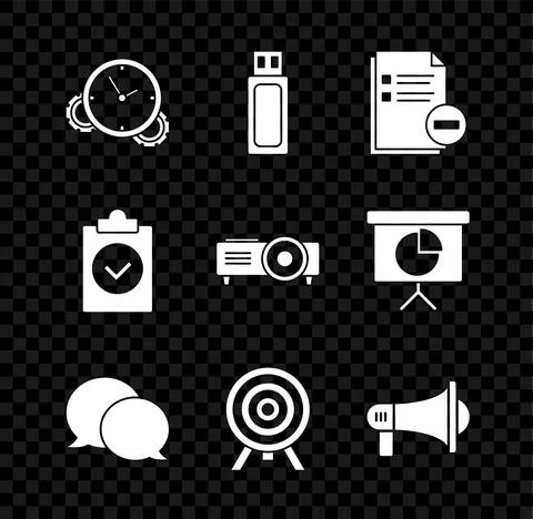 Set Time Management, USB flash drive, Document with minus, Speech bubble chat Stock Illustration