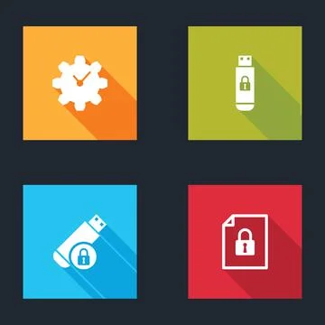 Set Time Management, USB flash drive with lock,  and Document and icon. Vecto Stock Illustration