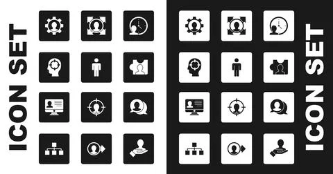 Set Time Management, User of man, Head hunting, Human with gear, Speech bubble Stock Illustration