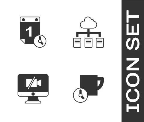 Set Time management, , Video camera Off on computer and Online working icon 스톡 일러스트