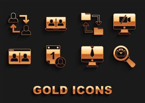 Set Time management, Video camera Off on computer, Magnifying glass with brie Illustrazione stock