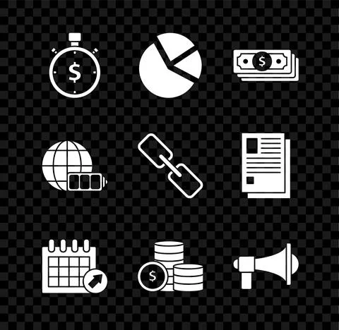 Set Time is money, Pie chart infographic, Stacks paper cash, Calendar, Coin with Illustrazione stock