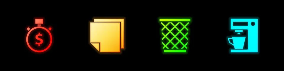 Set Time is money, Post note stickers, Trash can and Coffee machine icon. Vector Stock Illustration