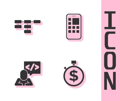 Set Time is money, Site map, Front end development and Mobile Apps icon. Vector Stock Illustration