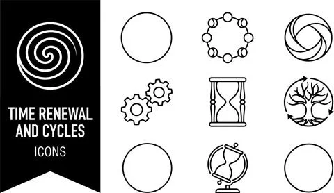 SET Time renewal and cycles icons set with spiral, gears, hourglass, tree o.. Stock Illustration